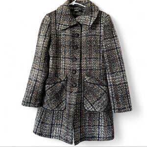 DKNY Women's Multitone Plaid Wool-Blend Pea Coat — Navy, Brown & Cream